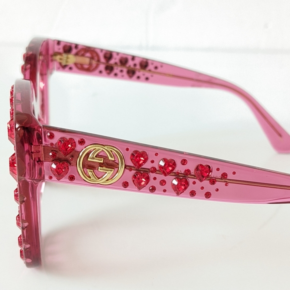 Gucci GG0116S Pink Oversized Embellished Sunglasses Ruby Red Crystal Hearts - Picture 10 of 17